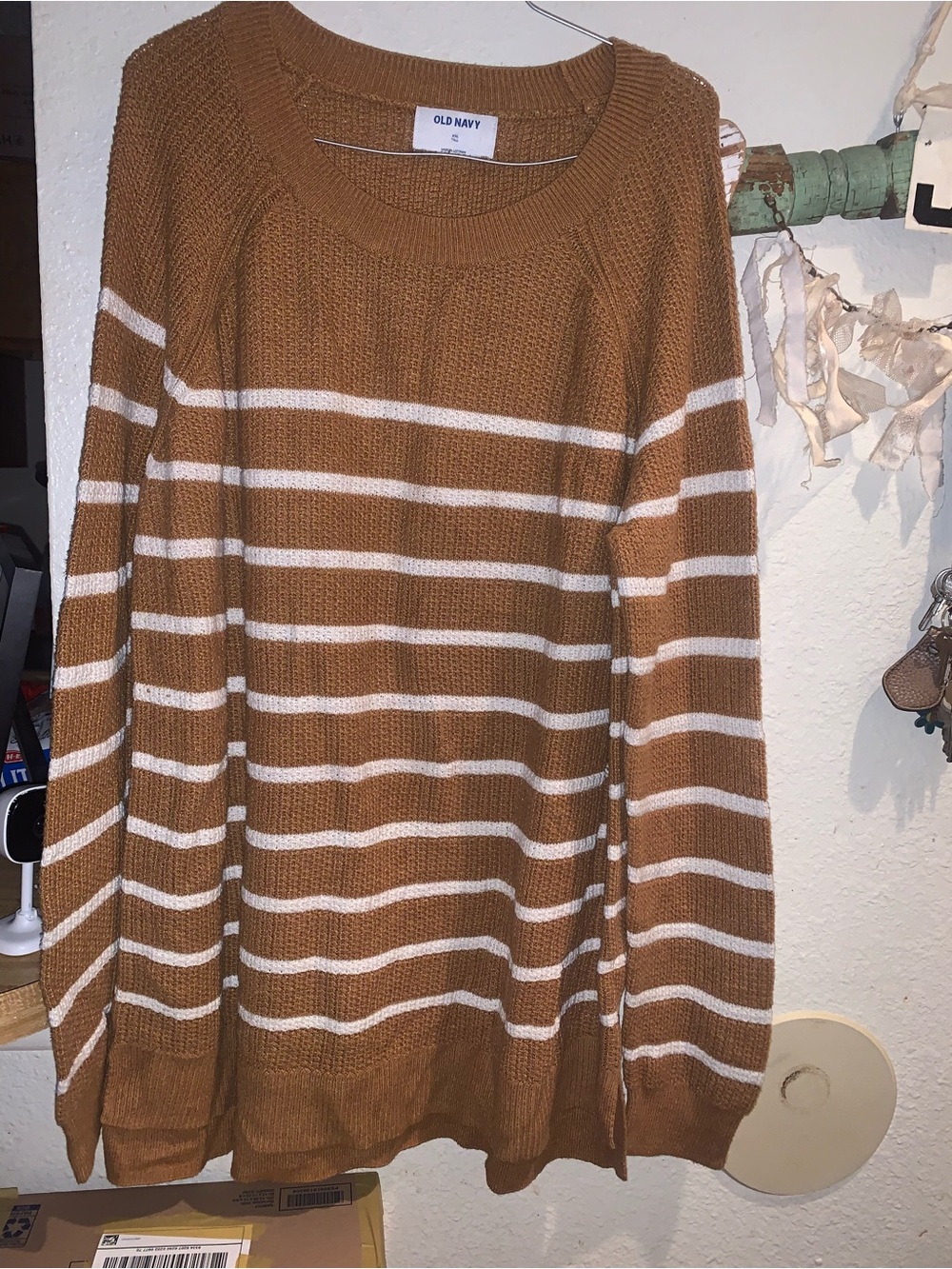 Old Navy Camel and White Striped Crew Neck Sweater